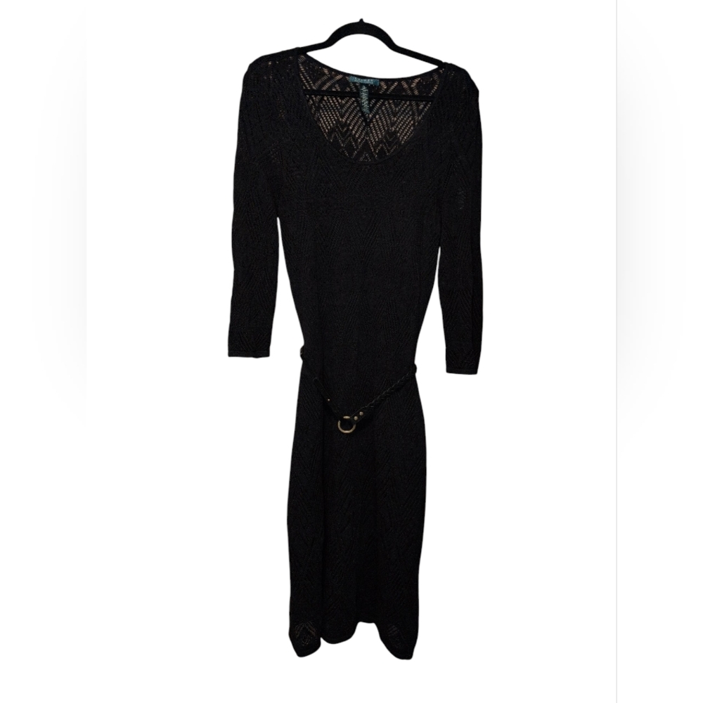 Lauren Ralph Lauren Elegant Black Knit Dress with Suede Leather Belt XL - Picture 2 of 11